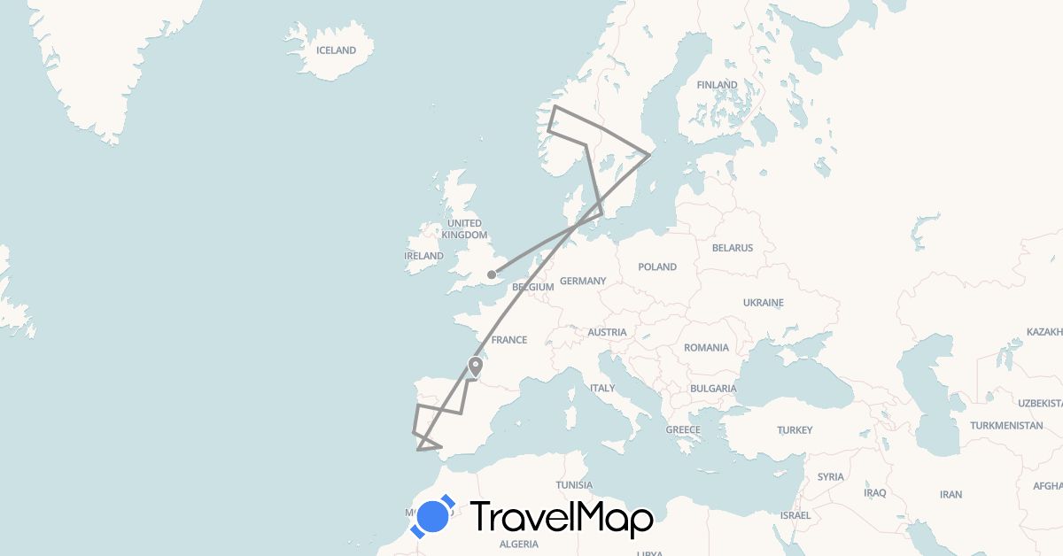 TravelMap itinerary: driving, plane in Denmark, Spain, United Kingdom, Norway, Portugal, Sweden (Europe)